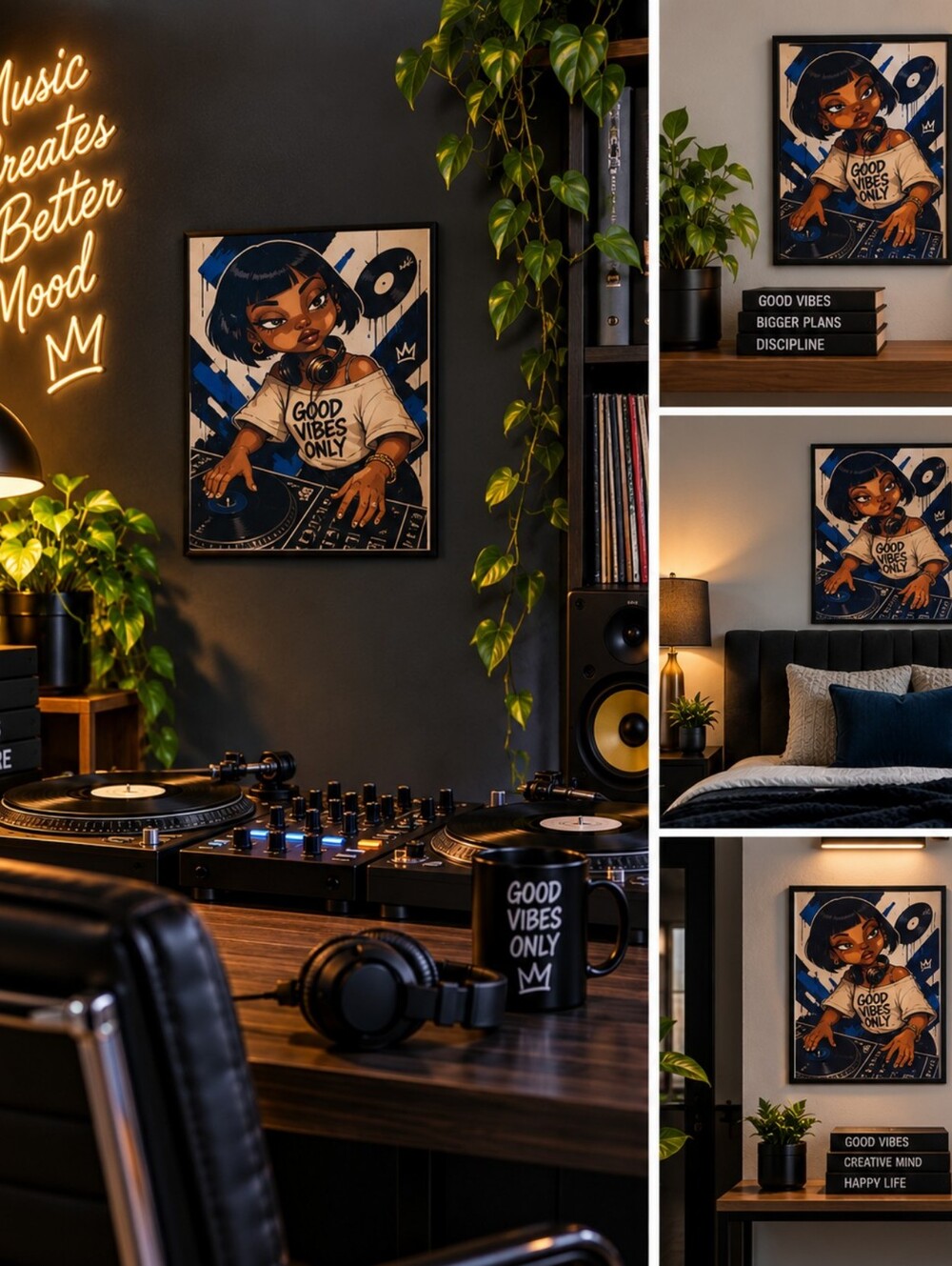8x10 Custom Urban DJ Girl Canvas Art Print - Gold & Blue